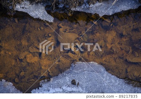 Detail of polluted stream bed. Polluted lifeless stream. Nature pollution concept. Stream in winter with ice around the edges. Top view of the orange creek in ice Detail of polluted stream bed. Polluted lifeless stream. Nature pollution concept. Stream in winter with ice around the edges. Top view of the orange creek in ice 89217835