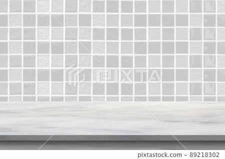 Empty white marble table top with blur tile wall bathroom background Empty white marble table top with blur tile wall bathroom background 89218302
