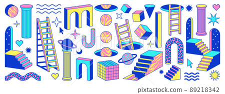 Psychedelic stickers with geometric shapes, surreal elements. Abstract vector symbols and signs in trendy psychedelic trippy style. Arch, stairs, column and geometric shapes. Acid neon colors. 89218342