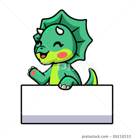 Cute little triceratops dinosaur cartoon with blank sign	 89218533