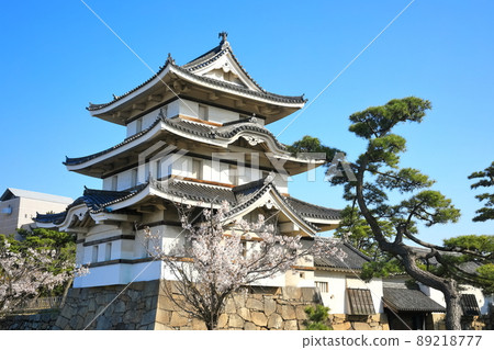 [香川縣]天氣晴朗的高松城，月見砲塔和盛開的櫻花（玉藻公園） 89218777