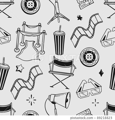 Doodle seamless pattern cinema flapping board film popcorn 3d glasses loudspeaker Vector illustration in the style of doodle isolated on a gray background Doodle seamless pattern cinema flapping board film popcorn 3d glasses loudspeaker Vector illustration in the style of doodle isolated on a gray background 89218823