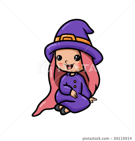 Cute little witch girl cartoon sitting	 89218914
