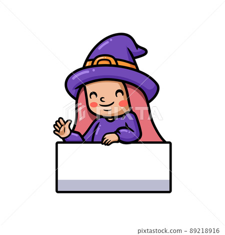 Cute little witch girl cartoon with blank sign	 89218916