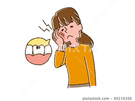 A woman who feels pain due to tooth decay, a comical handwritten person vector, a warm line drawing A woman who feels pain due to tooth decay, a comical handwritten person vector, a warm line drawing 89219108