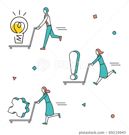 Male and female business people carrying ideas and surprises on a dolly Male and female business people carrying ideas and surprises on a dolly 89219945