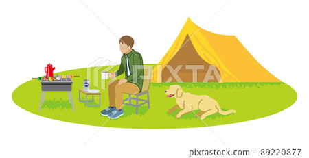 Young men and dogs enjoying camping-Spring Autumn Young men and dogs enjoying camping-Spring Autumn 89220877