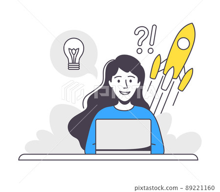 Business Project with Woman Character with Laptop and Rocket Launch Working with Startup Outline Vector Illustration Business Project with Woman Character with Laptop and Rocket Launch Working with Startup Outline Vector Illustration 89221160