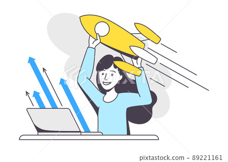 Business Project with Woman Character with Laptop and Rocket Launch Working with Startup Outline Vector Illustration 89221161