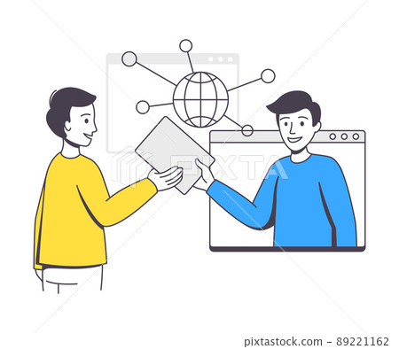 Business Project with Man Character in Web Screen Working with Startup Outline Vector Illustration Business Project with Man Character in Web Screen Working with Startup Outline Vector Illustration 89221162