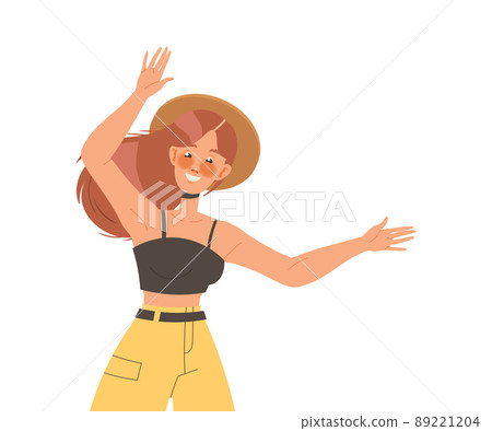 Positive Woman Character in Straw Hat and Tank Top with Smiling Face Feeling Euphoric Vector Illustration Positive Woman Character in Straw Hat and Tank Top with Smiling Face Feeling Euphoric Vector Illustration 89221204