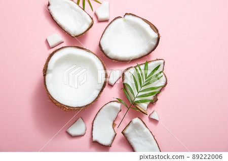 Top view of coconut decorated in pink background Top view of coconut decorated in pink background 89222006