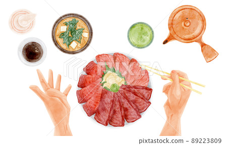 Hand-painted watercolor style illustration of seafood bowl seen from above 89223809