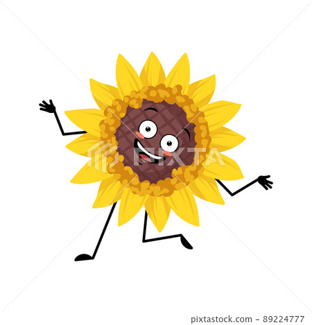 Sunflower character with crazy happy emotion, joyful face, smile eyes, dancing arms and legs. Plant person with funny expression, yellow sun flower emoticon. Vector flat illustration 89224777
