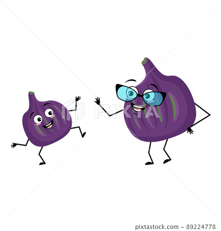 Fig character with glasses and grandson dancing with happy emotion, face, smile eyes, arms and legs. Person with expression, violet fruit emoticon. Vector flat illustration 89224778