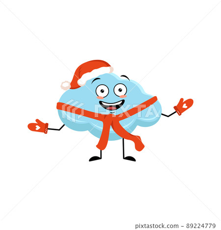 Cloud character in Santa hat with happy emotion, joyful face, smile eyes, arms and legs. Person with funny expression. Vector flat illustration 89224779