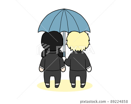 Illustrations of the backs of men and women in suits wearing souvenirs (white men and Japanese women) 89224858