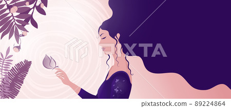 Beautiful girl portrait in profile thinking and touching a butterfly. Fantastic young dreamy brunette woman with long hair with copy space. Female psychology. Sad fairy. Womanish lady 89224864