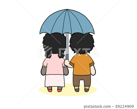 Illustrations of the backs of men and women in plain clothes wearing a pair of umbrellas (Japanese men and black women) Illustrations of the backs of men and women in plain clothes wearing a pair of umbrellas (Japanese men and black women) 89224909