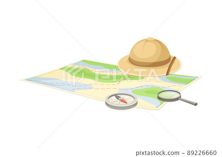 Expedition Map Depicting Geography and Route of Tourist Journey with Compass and Hat Vector Illustration 89226660