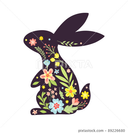 Black Easter Rabbit with Flowers and Floral Decoration Inside Vector Illustration 89226680