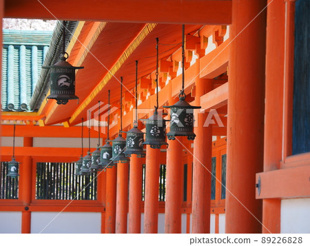 A photo of the red pillars and lanterns of Heian Jingu A photo of the red pillars and lanterns of Heian Jingu 89226828