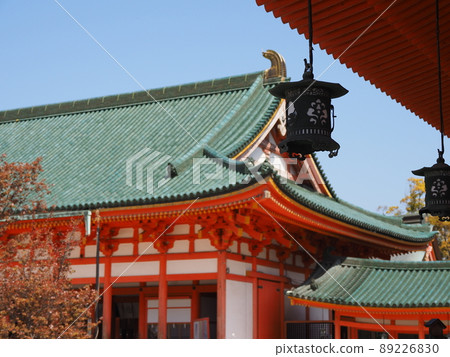 A photo of the red pillars and lanterns of Heian Jingu A photo of the red pillars and lanterns of Heian Jingu 89226830