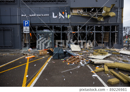 Hostomel, Kyev region Ukraine - 09.04.2022: Cities of Ukraine after the Russian occupation. Destroyed store after the departure of Russian soldiers, invaders. The looters destroyed the shop. Hostomel, Kyev region Ukraine - 09.04.2022: Cities of Ukraine after the Russian occupation. Destroyed store after the departure of Russian soldiers, invaders. The looters destroyed the shop. 89226981