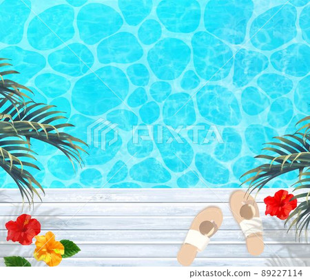 Summer background material of palm leaves and hibiscus and sandals on the beautiful emerald green sea and wood deck Summer background material of palm leaves and hibiscus and sandals on the beautiful emerald green sea and wood deck 89227114