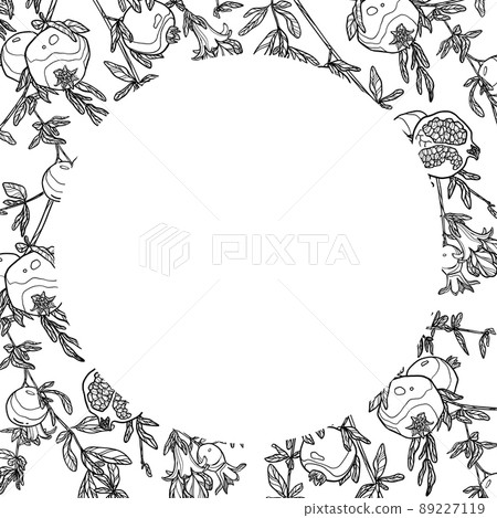 Card with pomegranate branches. Outline hand-drawn graphic Card with pomegranate branches. Outline hand-drawn graphic 89227119