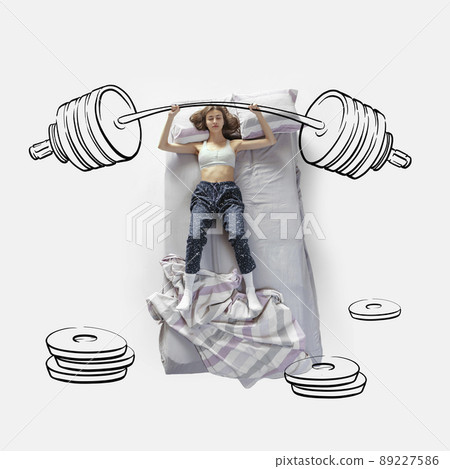 Creative image. Top view of young woman lying on bed, sleeping, dreaming about lifting barbells. Sport lifestyle 89227586