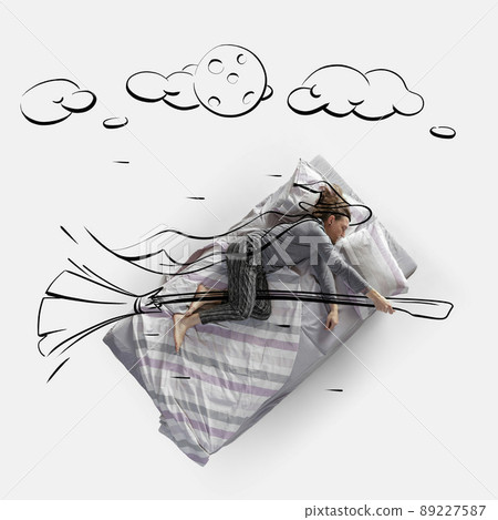 Creative image. Top view of young man lying on bed, sleeping, dreaming about witcher flying on a broomstick 89227587