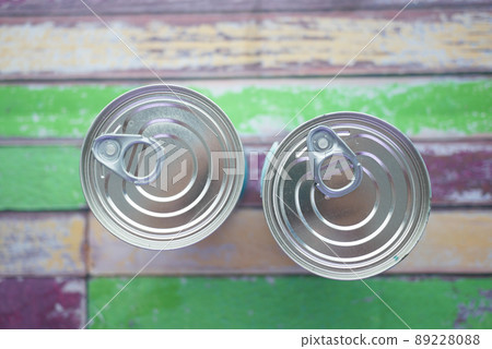 top vie of canned food on wooden background top vie of canned food on wooden background 89228088