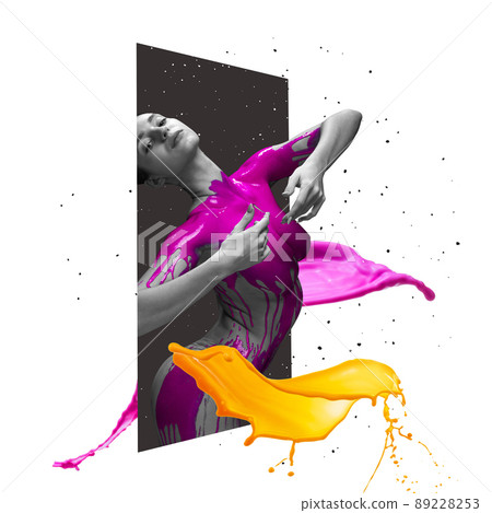 Contemporary art collage. Tender woman covered with pink paint isolated over white background. 89228253