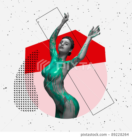 Contemporary art collage. Expressive young woman covered with green paint isolated over gray background with geometric design 89228264