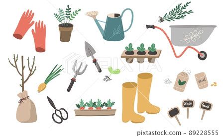 Garden tools set. Park plant. Vector illustration work. Seed, boots. 89228555