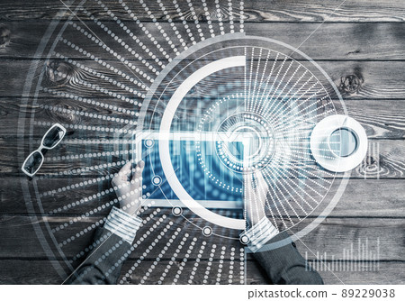 Business workplace with tablet device coffee cup and media interface 89229038