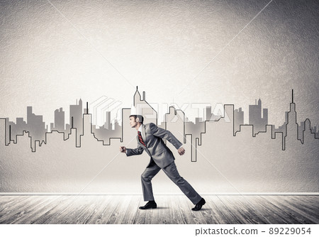 King businessman in elegant suit running and drawn cityscape silhouette at background King businessman in elegant suit running and drawn cityscape silhouette at background 89229054