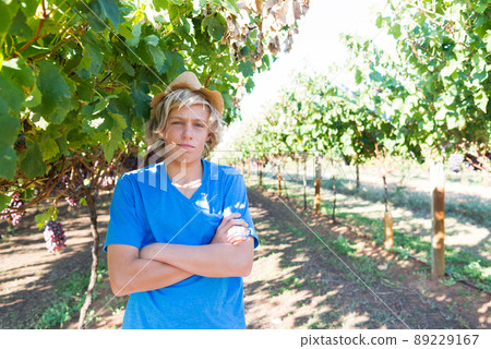 Guy standing with arms folded posing in vineyard 89229167