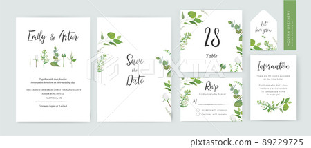Spring floral minimalist wedding invite, save the date, rsvp, table number card design. Watercolor style white lilac flower, rose, eucalyptus branches, leaves editable, vector, botanical, illustration Spring floral minimalist wedding invite, save the date, rsvp, table number card design. Watercolor style white lilac flower, rose, eucalyptus branches, leaves editable, vector, botanical, illustration 89229725