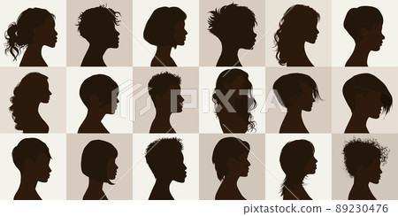 Vector black profile silhouette set with female haircut. Collection face anonymous portrait and isolated women heads with modern hairstyle. Group of beautiful glamorous girls. Coiffure Vector black profile silhouette set with female haircut. Collection face anonymous portrait and isolated women heads with modern hairstyle. Group of beautiful glamorous girls. Coiffure 89230476