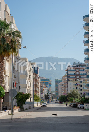 City street of Alanya at dawn, unrecognizable faces, mountain view. City street of Alanya at dawn, unrecognizable faces, mountain view. 89230537
