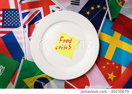 Sticker with text in a white plate on the background of the flags of different countries, the concept of the food crisis in the world 89230679