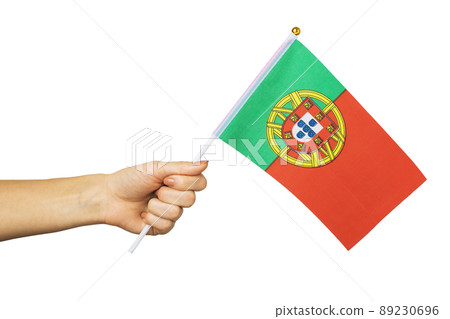Hand holding Portugal flag isolated on white background, template for designers 89230696