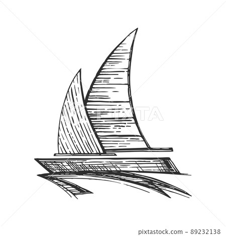 Sailing yacht floats on waves. Ship for recreation and travel. Outline sketch. Hand drawing isolated on white background. Vector 89232138
