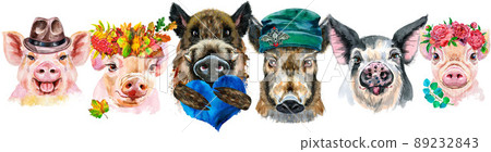 Border from pigs. Watercolor portraits of pigs and boars 89232843