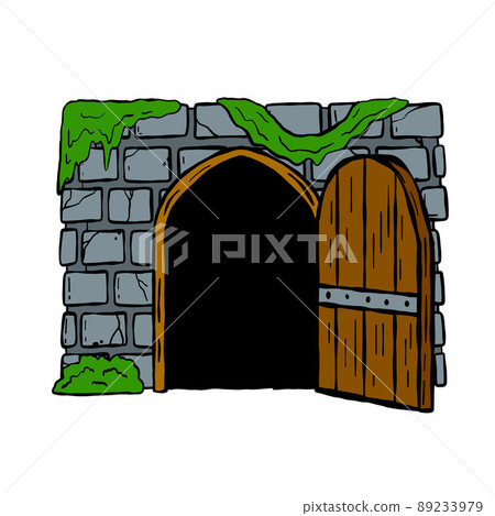 Door of castle. Entrance to fairy tale fortress or stone medieval old wall. Wooden open doorway. Cartoon hand drawn illustration 89233979