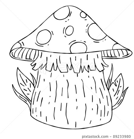 Mushroom, children drawing. Picture for coloring book. Forest nature and food. Outline black and white cartoon 89233980