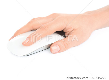 Woman using modern wireless optical mouse isolated on white, closeup 89235222
