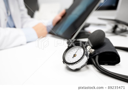 Hypertension prevention. Close up image of blod pressure manometer scale. 89235471